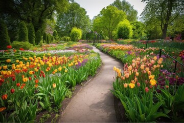 majestic tulip garden, with vibrant colors and unique variety of flowers, created with generative ai
