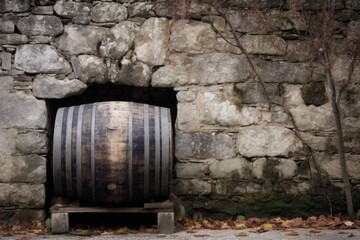 aging barrel near an old stone wall, created with generative ai