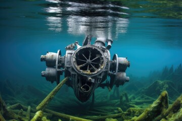 airplane engine parts submerged in water, created with generative ai