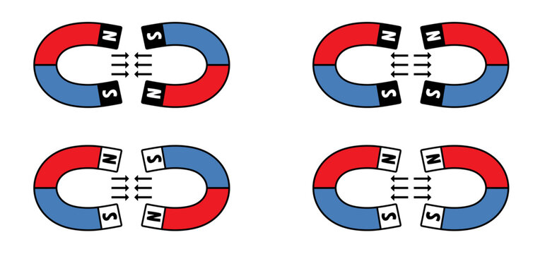 Magnetic field lines. lines around a bar magnet. polar magnet diagram or schemes. Electromagnetic field and magnetic force. Positive, negative or north to south pole, earth. attract, repel icon.