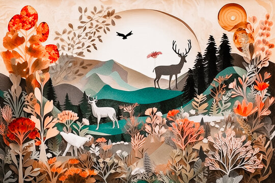 Paysage de montagne en papier d&eacute;coup&eacute; avec nature et animaux - G&eacute;n&eacute;rative IA