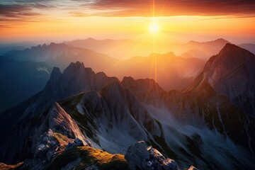 stunning mountain range, with the sun setting beyond the peaks, viewed from above and below, created with generative ai