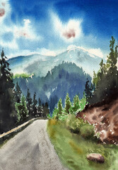Landscape with road, mountains and fir forests. Cloudy sky and stone on the first plane. Hand drawn watercolor with paper texture. Bitmap