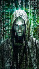 Hacker avec capuche et code malveillant, virus, dark web, programme, cheval de Troie - Générative IA - obrazy, fototapety, plakaty