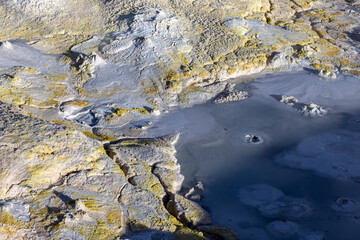 Stunning geothermic field of Sol de Ma&ntilde;ana with its steaming geysers and hot pools with bubbling mud - just one sight on the lagoon route in Bolivia, South America