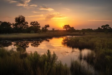 wetlands and marshes, with view of sunset or sunrise, providing a peaceful and serene setting, created with generative ai