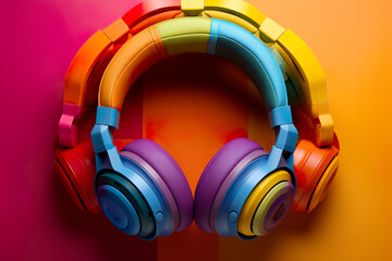Obraz na płótnie Canvas Colorful headphones isolated on rainbow background. Wireless and wired headset with noise cancelling. Generative AI