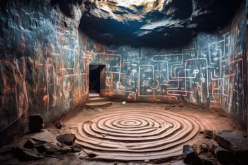 mysterious labyrinth painted on a cave wall, created with generative ai