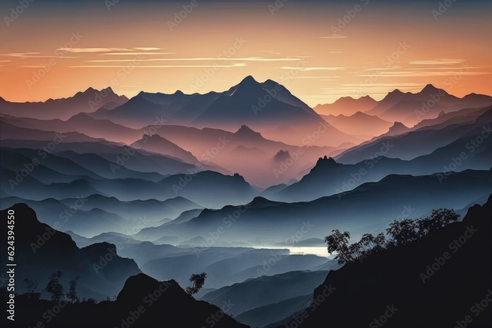 Sticker misty mountain range with a view of the sunrise, silhouetting peaks and valleys, created with generative ai