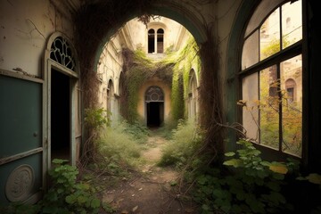 Obraz premium old asylum, with broken windows and peeling paint, surrounded by overgrown gardens, created with generative ai