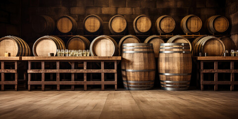 Brewery, winery background. Wine, beer barrels stacked background.