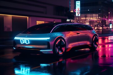 Fototapeta na wymiar A futuristic car navigating through a neon-lit cityscape - Generative AI