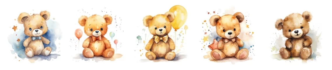 Fotobehang Generative AI, Set of 5 super cute brown teddy bear watercolor isolated on white background © Rymma