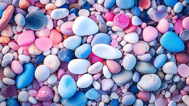 Petits cailloux de couleurs pastels, rose, bleu, blanc, vues de dessus - G&eacute;n&eacute;rative IA