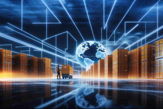 A businessman looking at the virtual interface panel of the global logistics network for distribution and transportation, Smart Logistics. Generative AI
