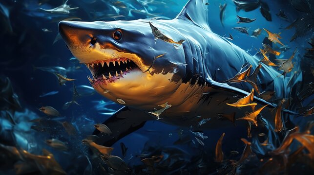 Ocean shark under water Open toothy dangerous mouth with many teeth AI generated image © orendesain99
