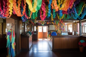 colorful balloons and streamers decorate the reception area, created with generative ai