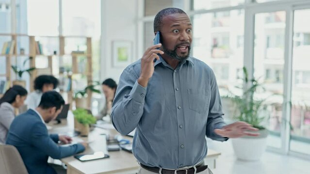 Business, phone call and black man with anger, screaming and frustrated with connection, mistake and glitch. Male person, employee and leader with a smartphone, angry and stress with conversation