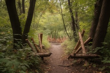 wooden arrows on a forest trail, created with generative ai