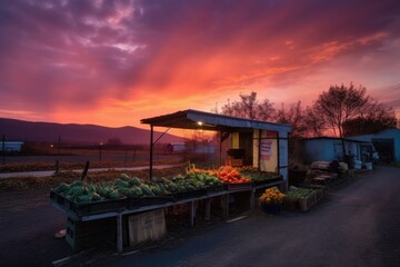 vegetable stand during sunset, with orange and purple hues in the sky, created with generative ai