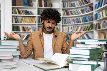 Dissatisfied and frustrated student trying to concentrate and prepare for exam by himself, man sitting in library tired hard to study and learn material alone.