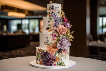 wedding cake with a hand-painted floral design and elegant accents, created with generative ai