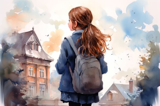 Schoolgirl with backpacks go to school. Back to school concept. Watercolor. Generative AI.