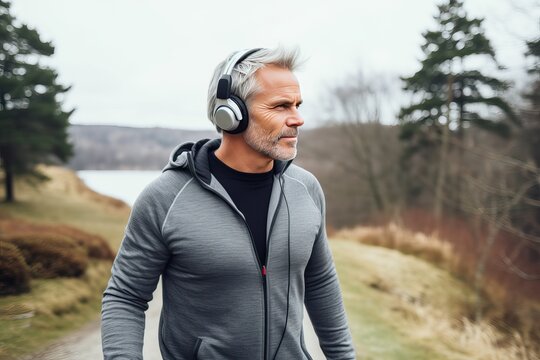 Walk outdoors with your favorite music on your headphones. A middle-aged man during a walk in the woods. Psychological unloading and switching after a hard day at the office.