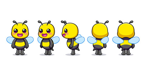 Cute bee wasp hornet character turn around with happy expression and standing poses