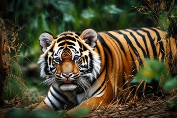 Fototapeta na wymiar beautiful young Bengal tiger in the forest closeup viewCreated using generative AI tools
