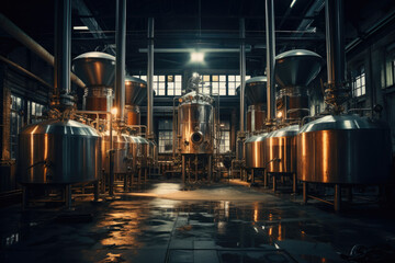 Fototapeta na wymiar Brewery. Modern beer plant with brewering kettles, tubes and tanks made of stainless steel