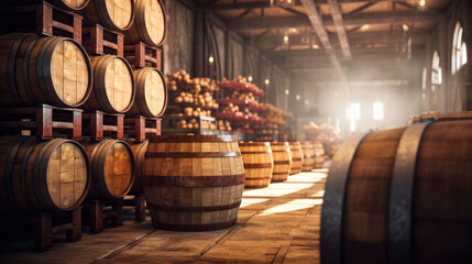 Brewery, winery background. Wine, beer barrels stacked background.