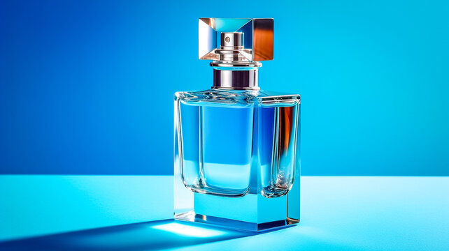 Flacon de parfum avec bouchon taill&eacute;, pr&eacute;sent&eacute; sur fond bleu - G&eacute;n&eacute;rative ia,