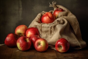 Naklejka na ściany i meble freshly picked apples spilling out of a burlap sack, created with generative ai