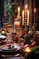 Fototapeta na wymiar festive table setting with candles and holiday decor, created with generative ai