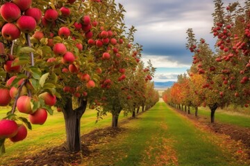 Fototapeta na wymiar apple orchard landscape with colorful autumn foliage, created with generative ai