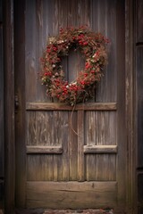 Fototapeta na wymiar christmas wreath hanging on a rustic wooden door, created with generative ai