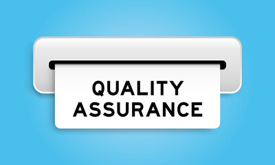 White coupon banner with word quality assurance from machine on blue color background