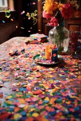 rainbow-colored confetti scattered on party table, created with generative ai