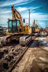 heavy machinery working on a road construction project, created with generative ai