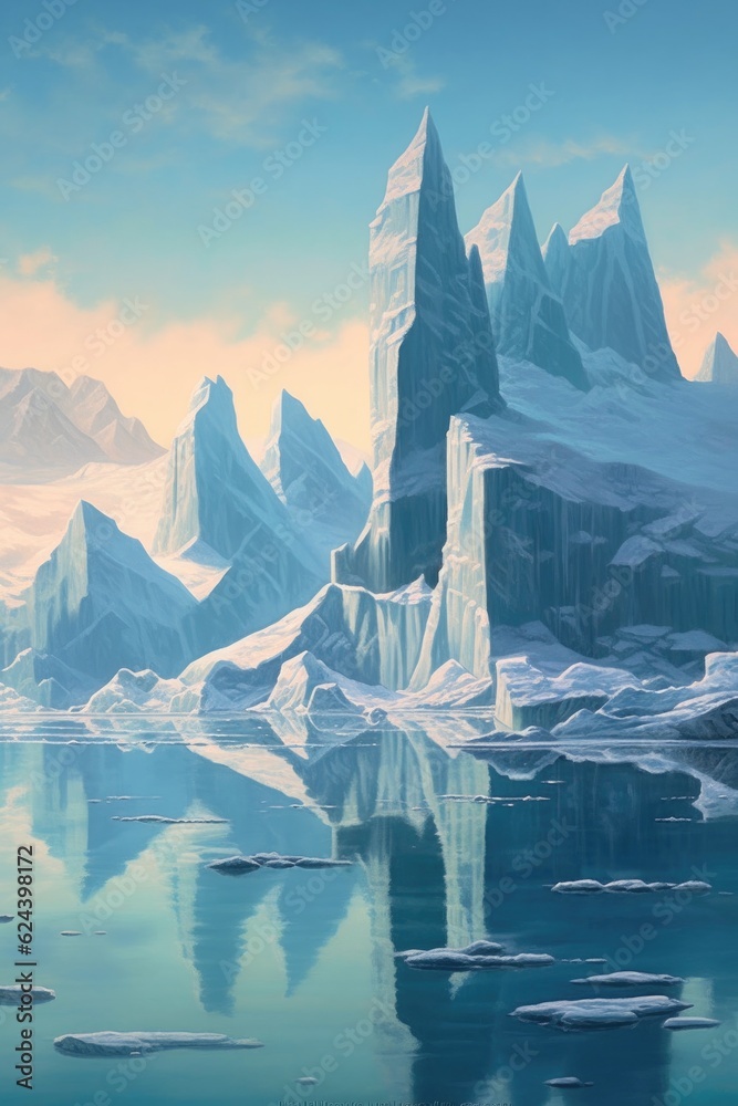 Poster glaciers and icebergs in pristine arctic waters, created with generative ai