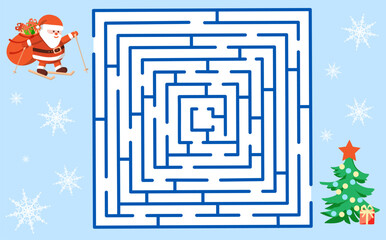 Maze game. Help Santa Claus leave the presents under the Christmas tree.  Children's educational games. Vector illustration for activity book.