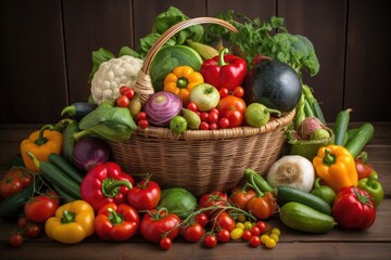 basket overflowing with fresh fruits and vegetables, including tomatoes, cucumbers, and berries, created with generative ai