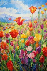 field of colorful tulips on a sunny day, created with generative ai