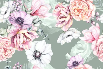 Poster Im Rahmen Seamless pattern of rose and Blooming flowers with watercolor on pastel background.Designed for fabric luxurious and wallpaper, vintage style.Floral pattern illustration.Botany garden. © joy8046