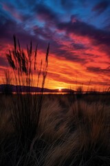 silhouette of grass against a dramatic sunset sky, created with generative ai