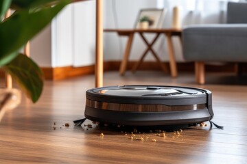 robot vacuum returning to charging dock after cleaning, created with generative ai