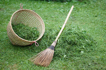 Basket of grass and broom at the yard. Concept, get rid of grass around house and community for...