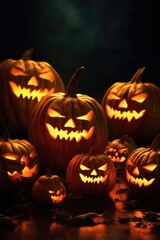 Fototapeta premium spooky carved jack-o-lanterns glowing in the dark, created with generative ai