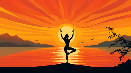 Serenity and yoga practicing. Silhouette of a woman on the background of the sunrise. Generative AI.